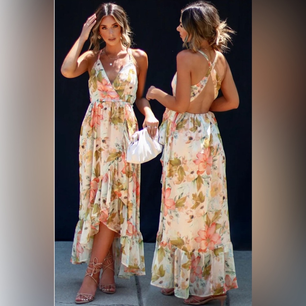 Vici Cream Floral Maxi Dress with Peach & Green Accents